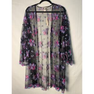 Victoria's Secret Floral Embroidered Black Mesh Kimono Robe Women's Medium